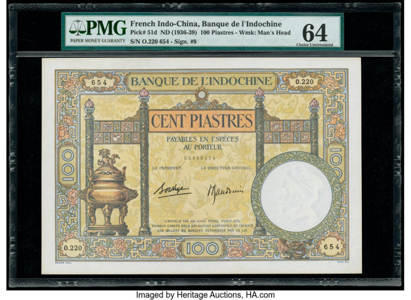 French Indochina Banque de l'Indo-Chine 100 Piastres ND (1936-39) Pick 51d PMG C...