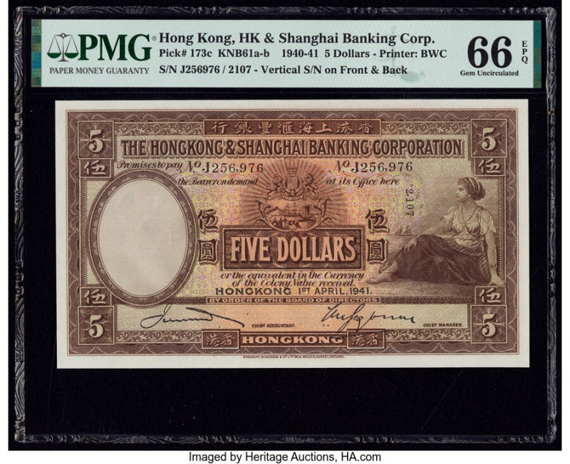 Hong Kong Hongkong & Shanghai Banking Corp. 5 Dollars 1.4.1941 Pick 173c PMG Gem...