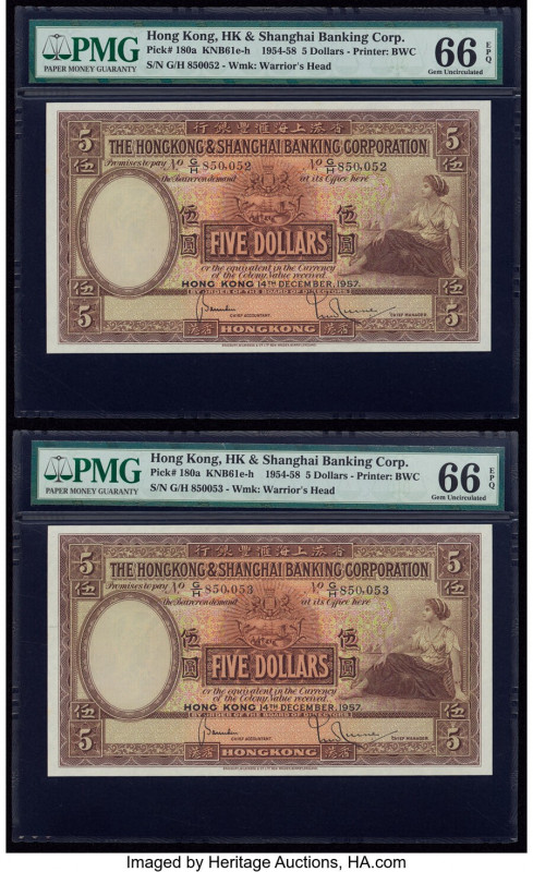 Hong Kong Hongkong & Shanghai Banking Corp. 5 Dollars 14.12.1957 Pick 180a Two C...