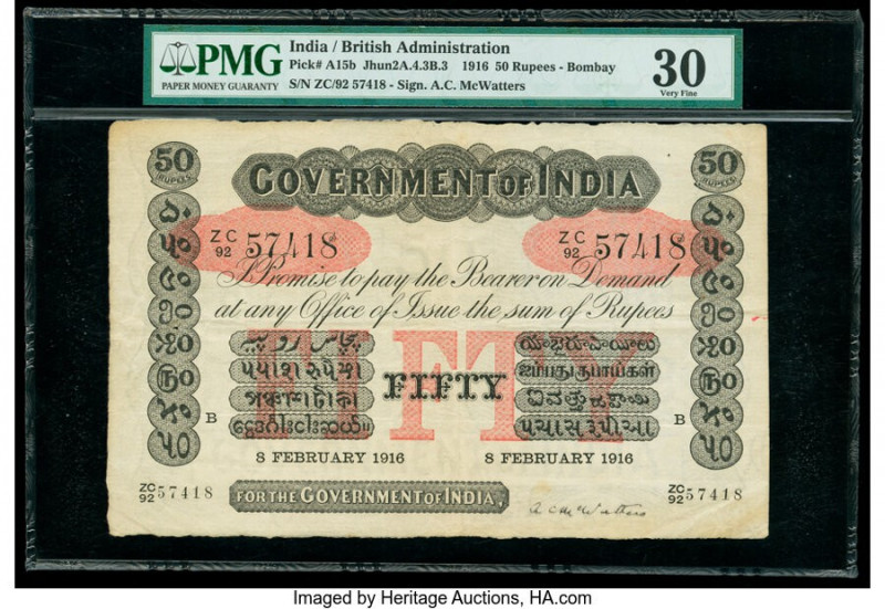 India Government of India, Bombay 50 Rupees 8.2.1916 Pick A15b Jhunjhunwalla-Raz...