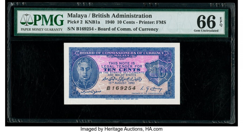 Malaya Board of Commissioners of Currency 10 Cents 15.8.1940 Pick 2 KNB1a PMG Ge...