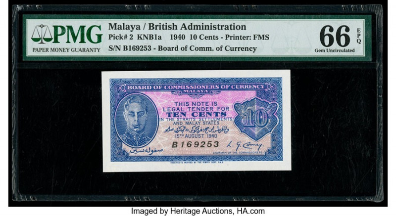 Malaya Board of Commissioners of Currency 10 Cents 15.8.1940 Pick 2 KNB1a PMG Ge...