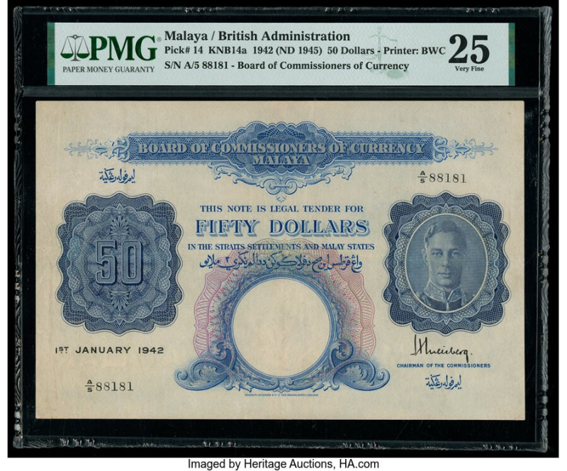 Malaya Board of Commissioners of Currency 50 Dollars 1942 (ND 1945) Pick 14 KNB1...