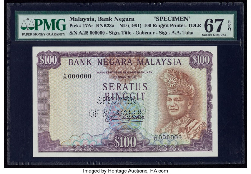 Malaysia Bank Negara 100 Ringgit ND (1981) Pick 17As KNB23 Specimen PMG Superb G...