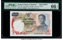 Thailand Bank of Thailand 100 Baht ND (1968) Pick 79s Specimen PMG Gem Uncirculated 66 EPQ. This handsome note was the highest denomination of the ser...