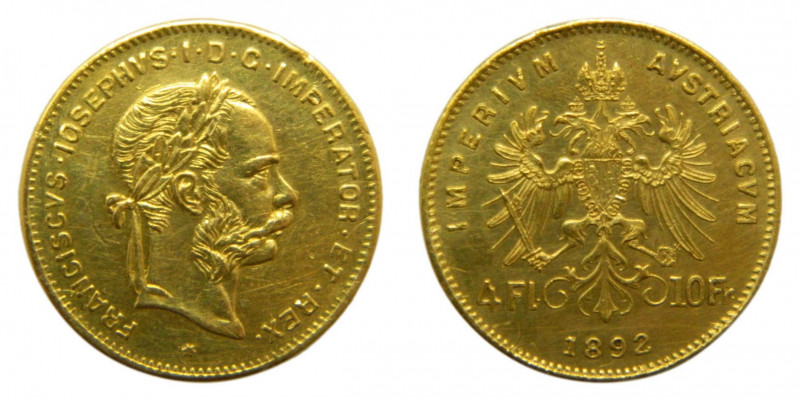 AUSTRIA. Francisco José I. 1892. 4 florines - 10 francos. (KM#2260). 3,17 gr. Au...