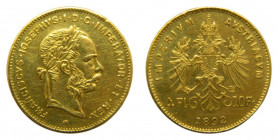 AUSTRIA. Francisco José I. 1892. 4 florines - 10 francos. (KM#2260). 3,17 gr. Au. Restrike.
mbc+
