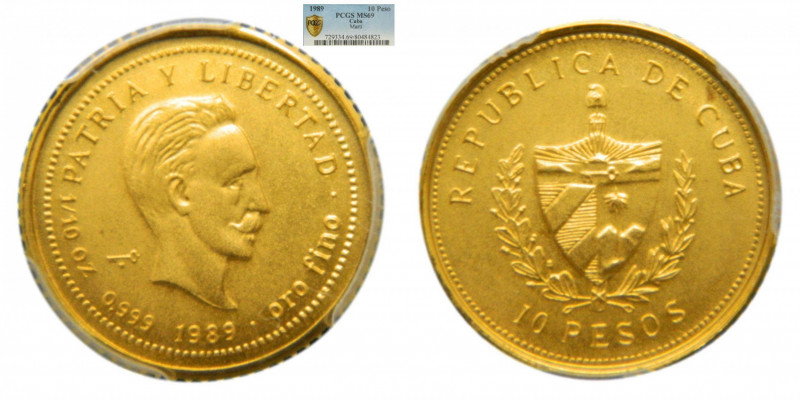 CUBA. 1989. 10 pesos. Jose Martí. (KM#211) (PCGS MS69). Peso 3,11 gr. Au. Sólo 5...