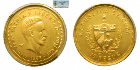 CUBA. 1989. 10 pesos. Jose Martí. (KM#211) (PCGS MS69). Peso 3,11 gr. Au. Sólo 50 unidades acuñadas. Muy Rara.
ms69