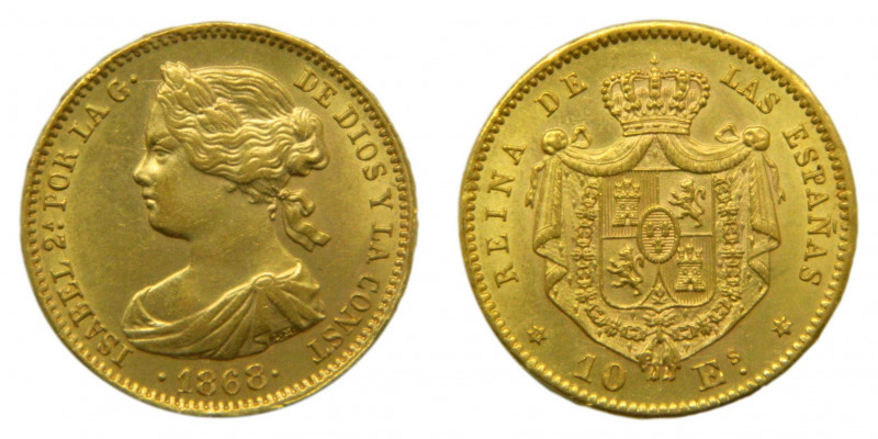 ESPAÑA / SPAIN. Isabel II. 1868 *18-68. Madrid. 10 escudos. (AC815). 8,42 gr. Au...