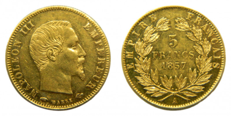 FRANCIA / FRANCE. Napoleón III. 1857 A. ParÍs. 5 francos. (KM#787.1). Au. 1,64 g...