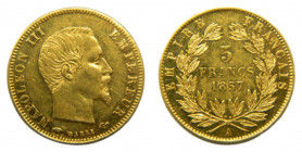 FRANCIA / FRANCE. Napoleón III. 1857 A. ParÍs. 5 francos. (KM#787.1). Au. 1,64 gr. 
ebc