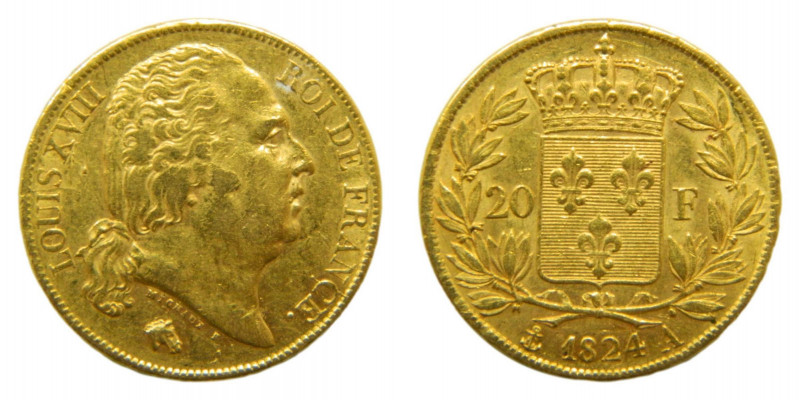 FRANCIA / FRANCE. Louis XVIII. 1824 A. París. 20 francos. (KM#712.1). 6,43 gr. A...