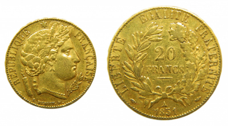 FRANCIA / FRANCE. República. 1851 A. París. 20 francos. (KM#762). 6,40 gr. Au.
...