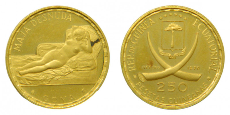 GUINEA ECUATORIAL. 1970. 250 pesetas guineanas. (KM#20.1). 3,59 gr. Au. Maja des...