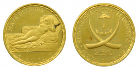 GUINEA ECUATORIAL. 1970. 250 pesetas guineanas. (KM#20.1). 3,59 gr. Au. Maja desnuda Goya. Manchita en anverso.
proof