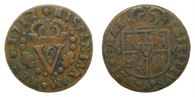 ESPAÑA / SPAIN. Felipe V. 1712. Valencia. Sisó. (AC14). Cu.
mbc