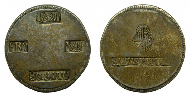 ESPAÑA / SPAIN. Fernando VII. 1821 Mallorca. 30 Sous. (AC1293). 26,73 gr. Ar. Ra...