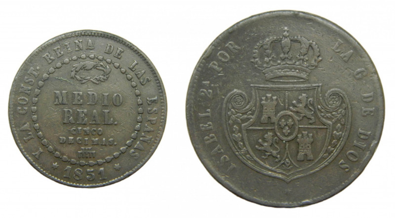 ESPAÑA / SPAIN. Isabel II. 1851 Segovia. 1/2 real. Cinco décimas. (AC156). Cu.
...