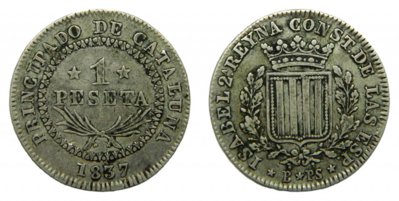 ESPAÑA / SPAIN. Isabel II. 1837 Catalunya. 1 peseta. (AC 272). 5,67 gr. Ar.
mbc...