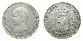 ESPAÑA / SPAIN. Alfonso XIII. 1891 *18-91 PGM. 2 pesetas. (AC84) Ar. Marquitas.
mbc