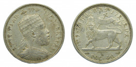 ETIOPIA / ETHIOPIA. Menelik II. EE1895 (1902-1903 AD). 1/4 Birr (KM#3) Ar.
bc+