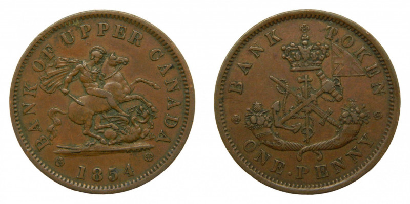 CANADA. 1854. 1 penny token. Bank of upper. Cu
mbc+