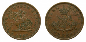 CANADA. 1854. 1 penny token. Bank of upper. Cu
mbc+