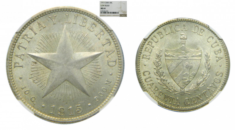 CUBA. 1915. 40 centavos. (KM#14.3) Variedad LOW RELIEF. Encapsulada NGC.
MS64