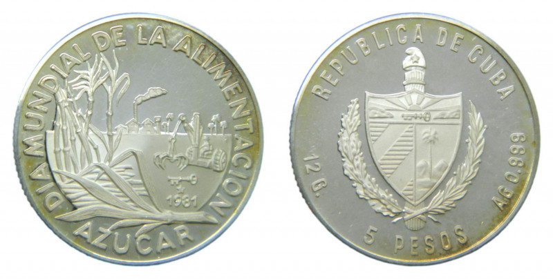 CUBA. 1981. 5 pesos. (KM#78). Ar. Día Mundial de la alimentación - azúcar. Solo ...