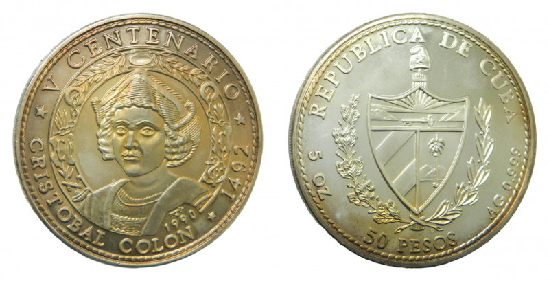 CUBA. 1990. 50 Pesos. . Descubrimiento de América. Cristóbal Colón. 5 onzas de p...