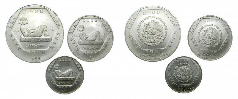 MEXICO. 1994 Mo. Serie 3 monedas - 5, 2 y 1 nuevo peso. (KM#574, 573 y 572). Ar....