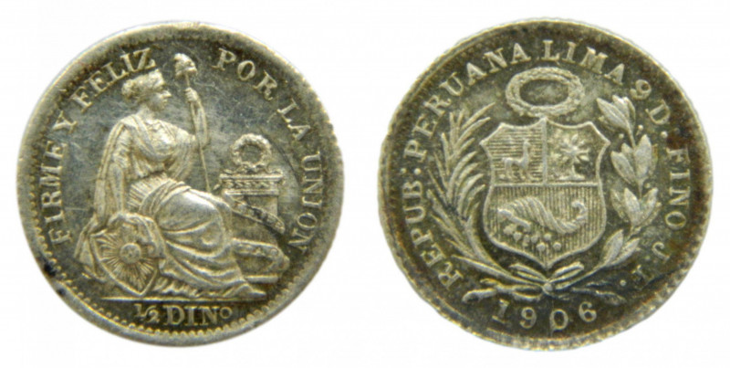 PERU. 1906 JF. 1/2 dinero. (KM#206.2). Ar. 
ebc+