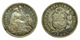 PERU. 1906 JF. 1/2 dinero. (KM#206.2). Ar. 
ebc+