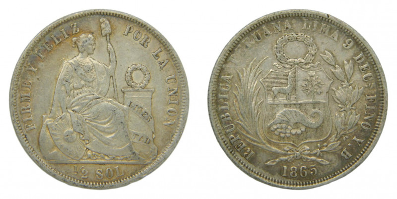 PERU. 1865 YB. 1/2 sol. (KM#195). Ar. 
mbc