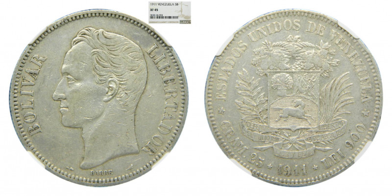 VENEZUELA. 1911. 5 bolívares. (Gram 25). (y#24.2). NGC Ar.
XF45