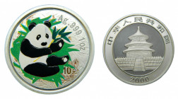 CHINA. 2000. 10 yuan. (KM#1310 var). Panda a color. Ar. Ligera pátina en anverso.
proof