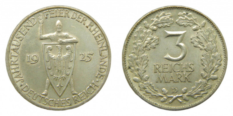 ALEMANIA / GERMANY. República de Weimar. 1925-D. 3 Marcos. Milenario de Renania....