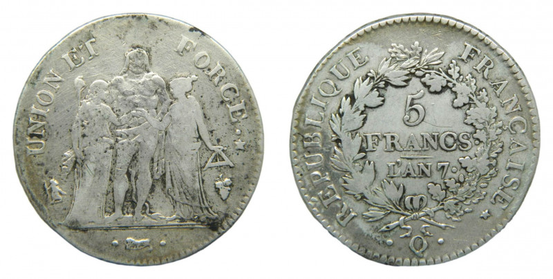 FRANCIA / FRANCE . LAN 7 (1798-99) Q. Perpignan. 5 francos. (KM#639.8). Ar. 
bc