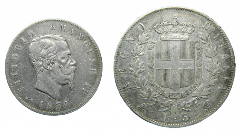 ITALIA / ITALY. Vittorio Emanuele II. 1874 M BN. 5 lire. (KM#8.3). Ar. 
mbc