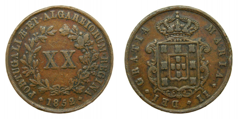 PORTUGAL. María II. 1852. 20 reis. (KM#482). Cu. 
mbc