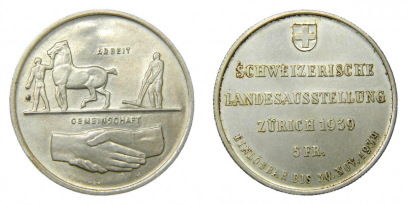 SUIZA / SWITZERLAND. 1939. 5 francos. (KM#43). Ar. 
sc