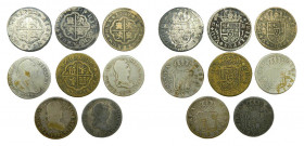 ESPAÑA / SPAIN. Felipe V a Fernando VII. 2 reales. 1719 a 1821. Lote de 8 monedas, todas FALSIFICACIONES DE ÉPOCA. Contemporary Counterfeits. Latón y ...
