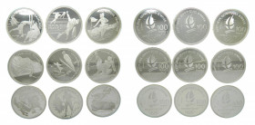 FRANCIA / FRANCE. 9 monedas 1989/90/91. 100 francos. Alberville 92. Ar.
proof