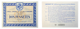 ANDORRA. 2 Pesetas. 1936. Azul. (T. 10). (KM#7). (19-12-1936). Sello en reverso. Local paper issues of the Spanish Civil War. Consell General de les V...