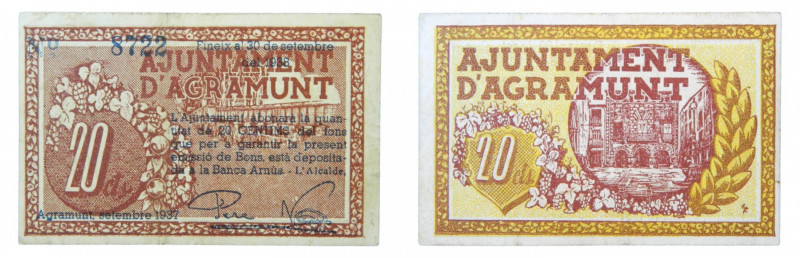 Catalunya. Ajuntament d´Agramunt. 20 cèntims. 30 setembre 1938. AT-8.
ebc-