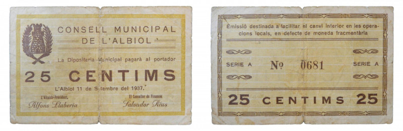 Catalunya. Consell Municipal de l´Albiol. 25 cèntims. 11 setembre 1937. AT-69. P...