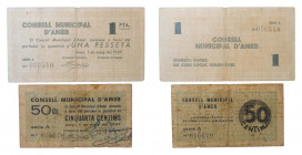 Catalunya. Ajuntament d´Amer. Lote 2 billetes de 1 pesseta y 50 cèntims. 1 maig de 1937. AT-136b, 137a. 
mbc- a mbc