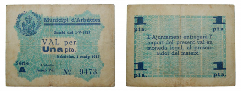 Catalunya. Municipi d´Arbúcies. 1 pesseta. 1 Maig 1937. AT-175. 
mbc