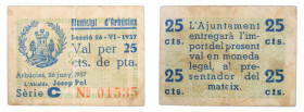 Catalunya. Municipi d´Arbúcies. 25 cèntims. 26 Juny 1937.AT-177. 
mbc